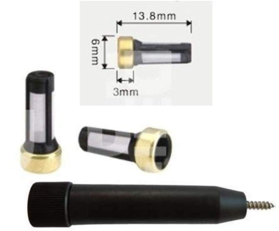 Micro basket filters with size diagram — 6 mm OD, 13.8 mm long — and the removal tool